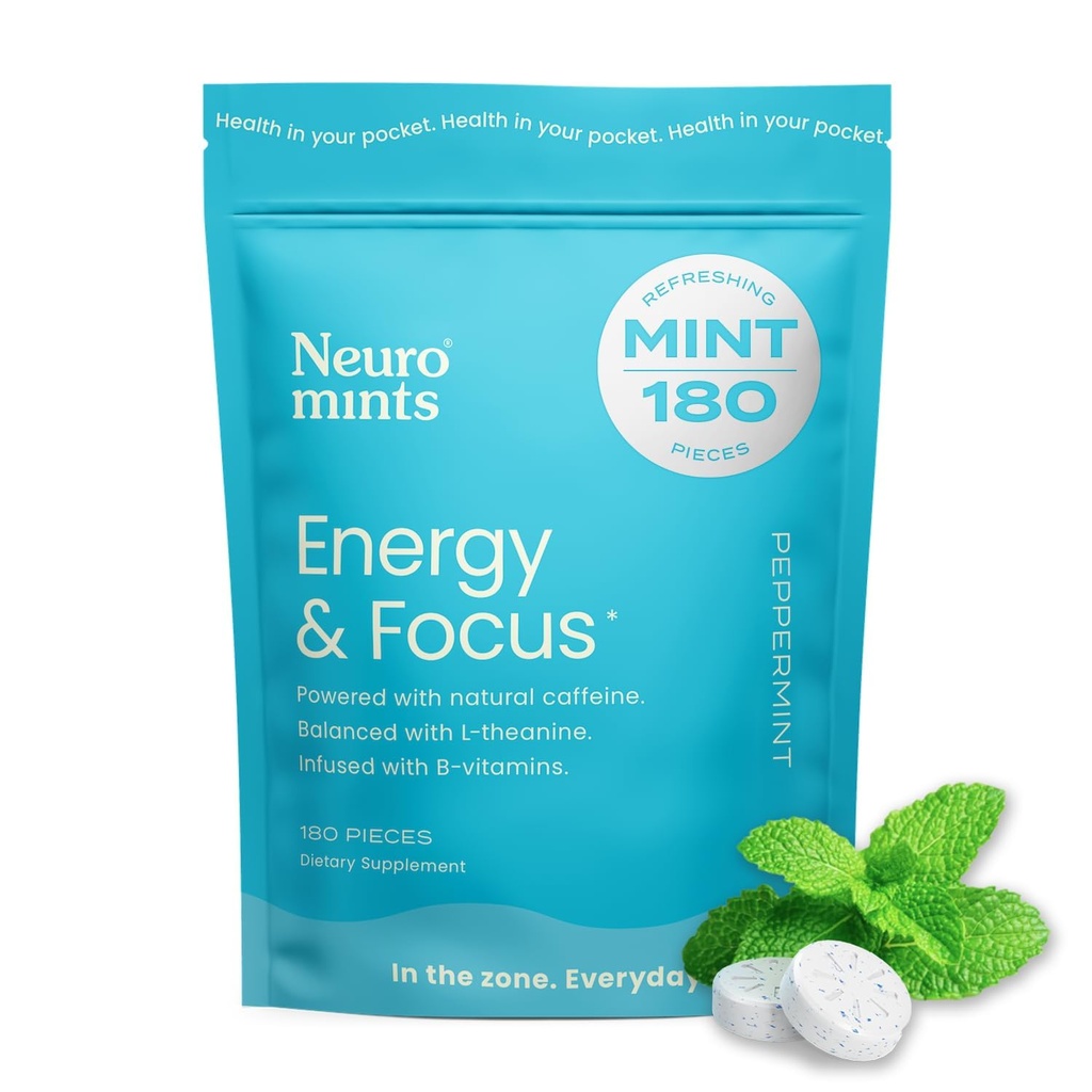 NeuroGum Energy Caffeine Mints (180 κομμάτια) - Ζάχαρη χωρίς L-theanine + Φυσική καφεΐνη + Βιταμίνη B12 & B6 - Nootropic Energy & Focus Supplement for Women & Men - Keto & Vegan, Peppermint Flavor