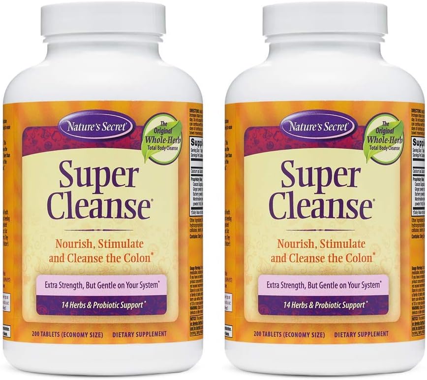 Nature's Secret Super Cleanse Extra Strength Toxin Detox & Gentle Elimination Body Cleanse, Digestive & Colon Health Support - Stimulating Mix of 14 Herbs with Probiyotiks - 200 Tablet (Pack of 2)