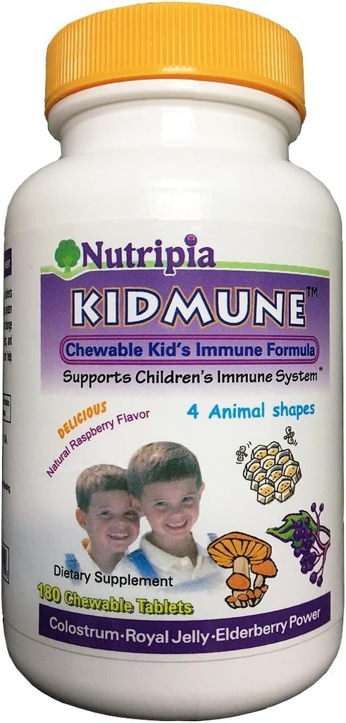 Kidmune Kids Immune ATM - 180 Chewable Mini Tabs with Elderberry, Colostrum, Propolis, Beta Glucan, Astragalus, C, D, çinko - Fun 4 Animal Shapes!
