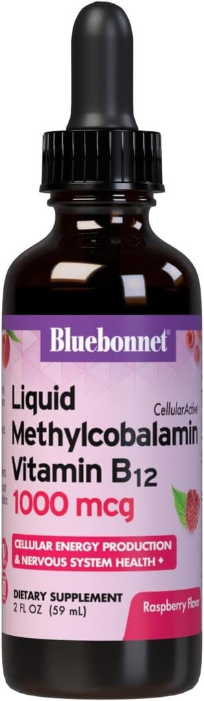 Bluebonnet Beslenme Sıvı Hücreleri Aktif Methycobalamin Vitamin B12, 1000 mcg, For Cellular Energy Production and Nervous System Health, Soy-Free, Gluten-Free, Dairy-Free, Vegan, 2OZ, 59