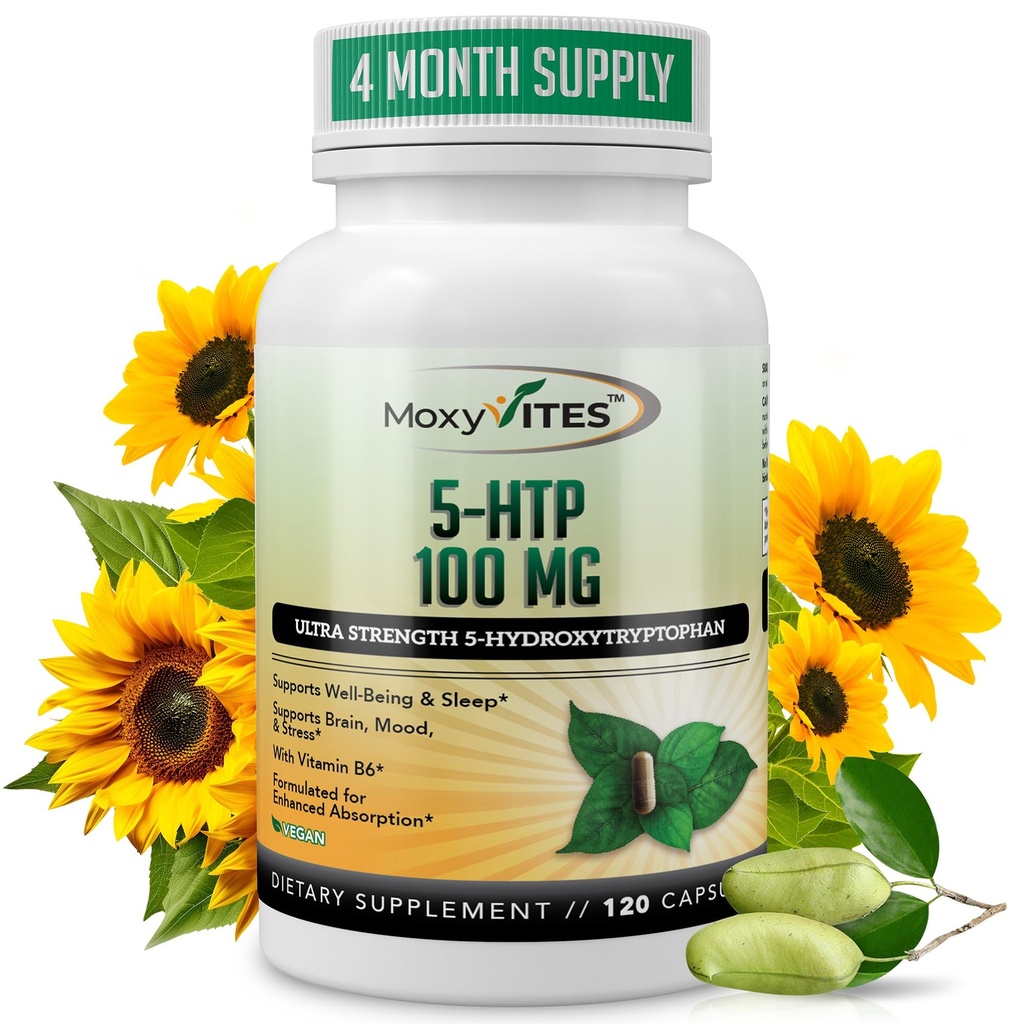 MoxyVites 5HTP 100 mg Supplement, Plus B6, 5 HTP Organik Tüm Gıda - En İyi Serotonin ATM - Non-GMO, 120 Vegan Capsules