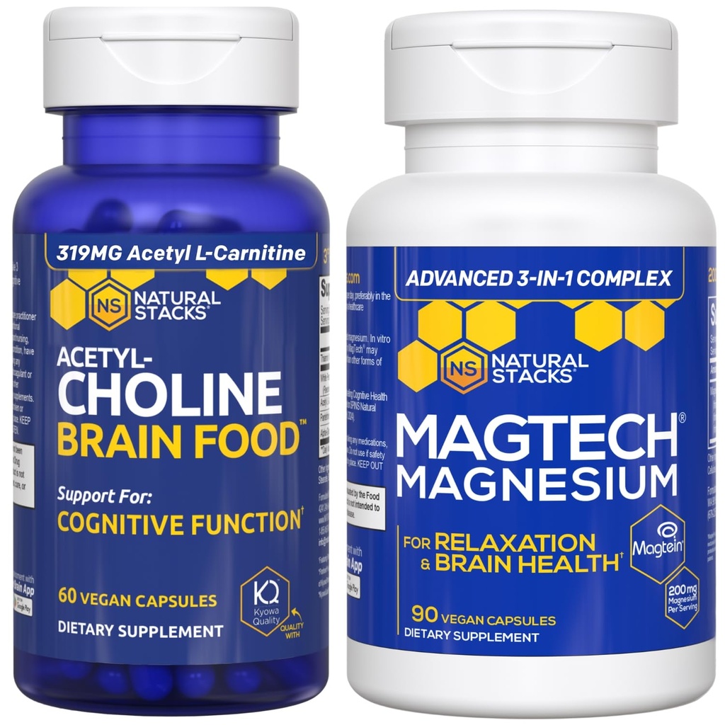 Φυσικές στοιβάδες Μαγνήσιο Magtech + Acetylcholine Brain Food Bundle - Υποστηρίζει την υγεία του εγκεφάλου, την χαλάρωση και τη γνωστική λειτουργία * - 150 Σύνολο καψακίων