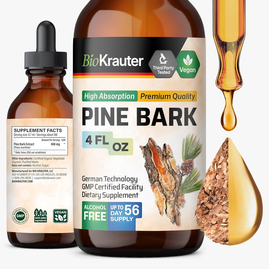 BIO KRAUTER Pine Bark Ekstraksiyon - Antioksis Sıvı Supplement'te Zengin - 400 mg Fransız Deniz Standardı Bark Ekstraksiyon - Vegan, Alkol ve Şeker Ücretsiz - 4 Fl Oz Oz