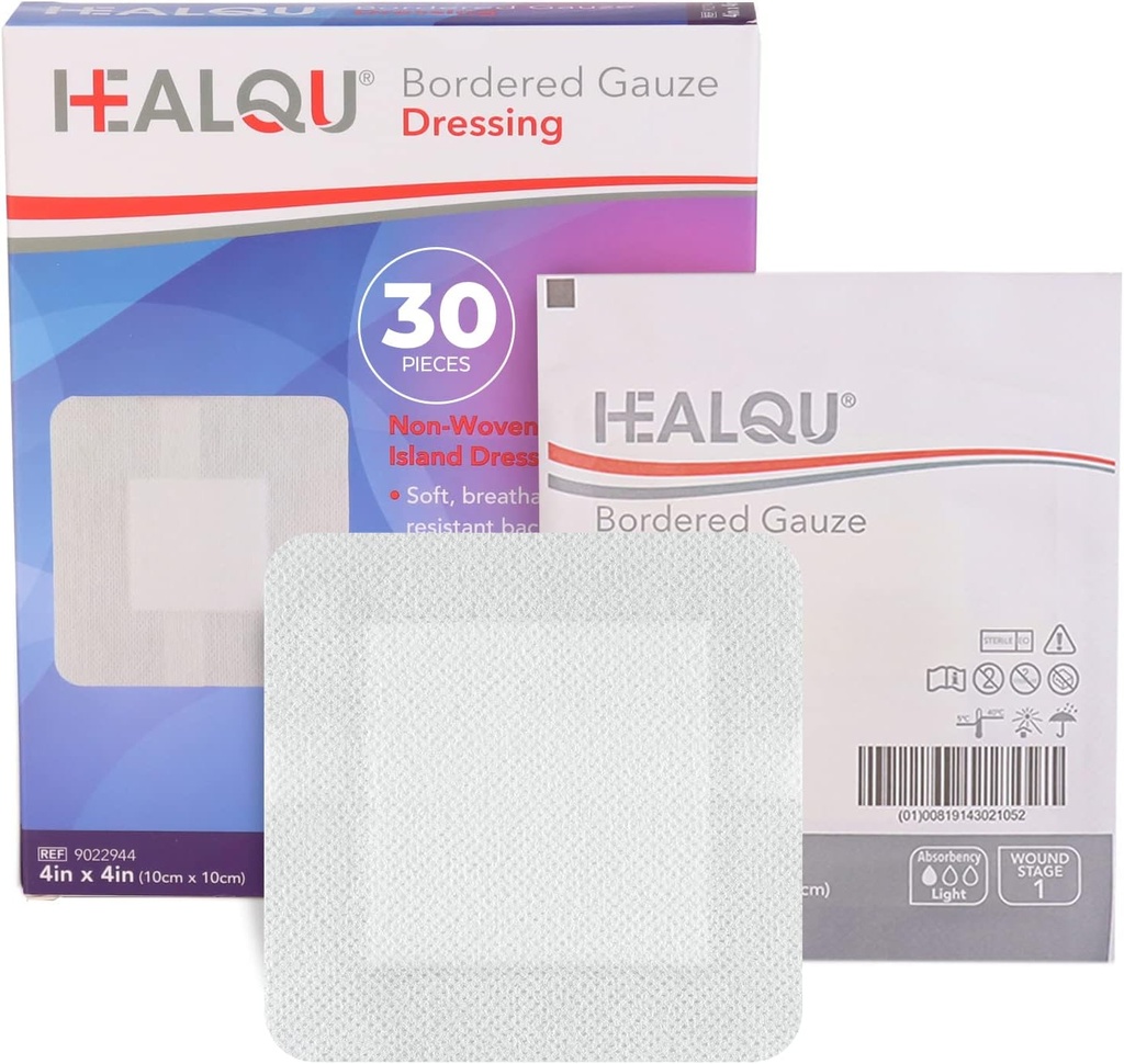 HEALQU Island Giyinme - 4"x4", 30 Kont - Sınırlanmış Gauze Sterile Bireysel olarak Gauze Pads, Water-Resistant, Non-Woven Backing - Soft and Breathable Yara İlk Yardım ve Tıbbi Yardım için Giymek