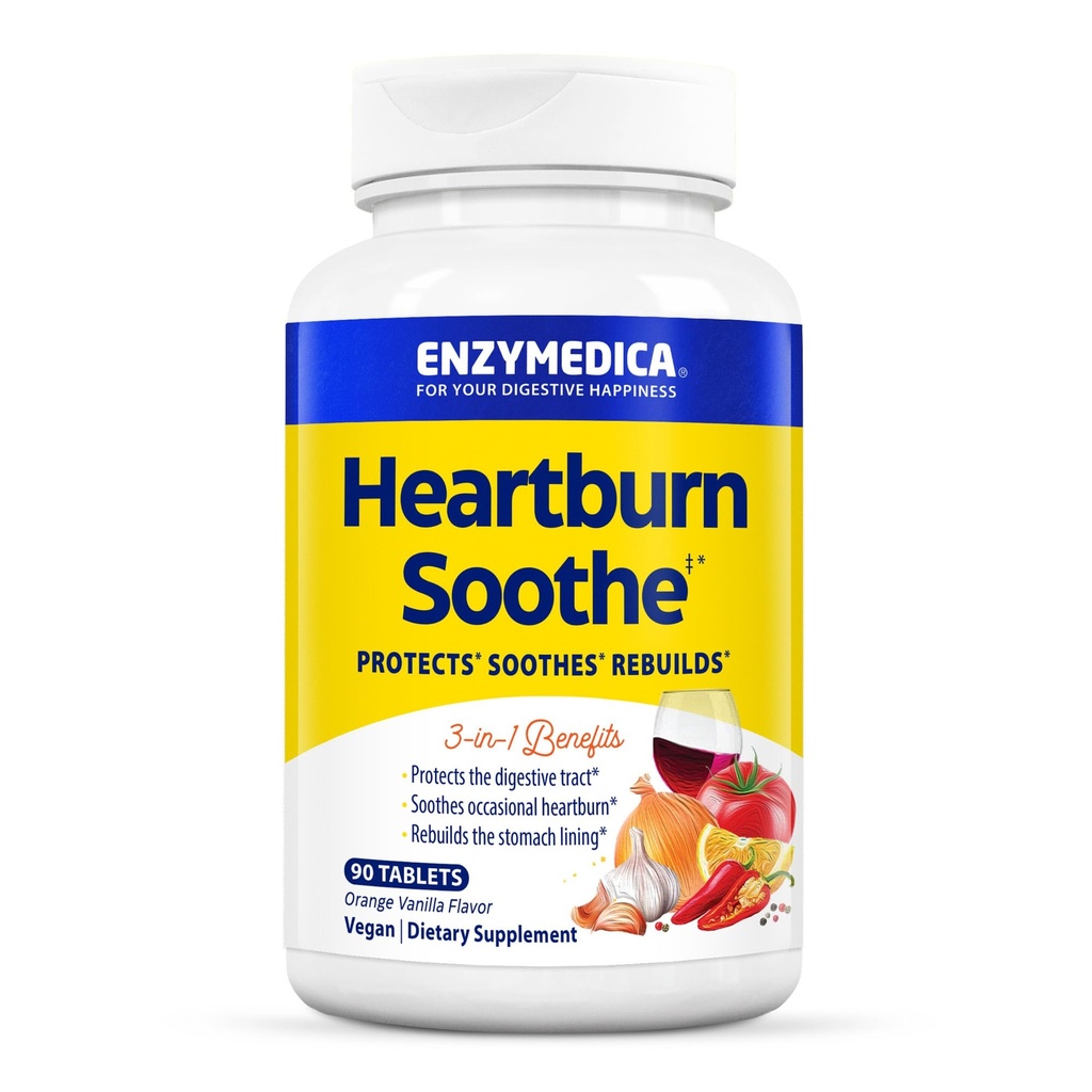 Enzymedica Heartburn Soothe Chewable Supplement - Natural Reflux & Stomach Lining Support, Balances pH Levels with Alginate, Fast-Acting Acid Support for Digestive Health, Vanilla Orange - 90 Tablets