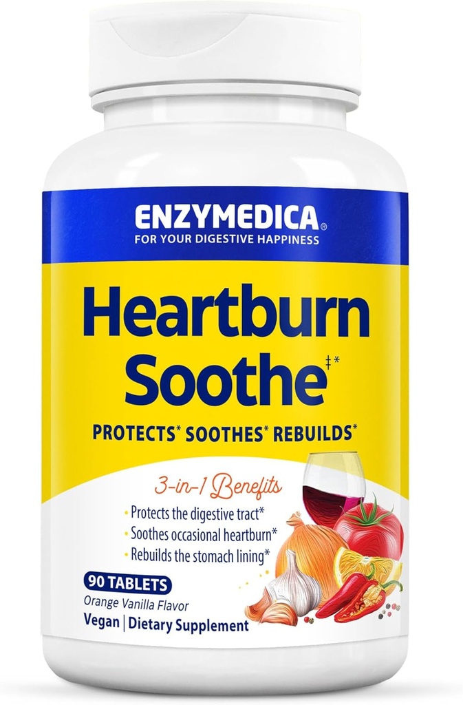 Enzymedica, Heartburn Soothe, Fast-Acting Digestive Aid, Vanilla Orange, 90 Chews (45 Hizmet)