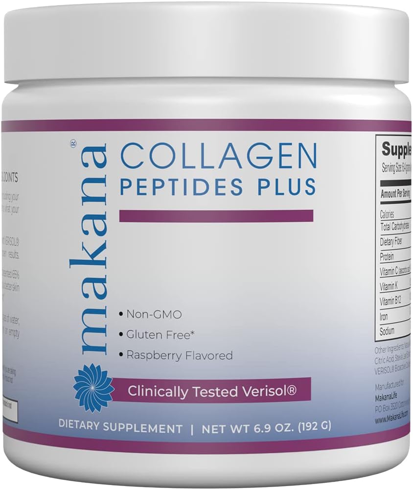Makana Collagen Peptides Plus – με Verisol®, Βιταμίνη C, Υαλουρονικό Οξύ & Αμινοξέα – Υποστηρίζει τα μαλλιά, το δέρμα, τα νύχια, & αρθρώσεις, 30 σερβιέτες – άρωμα σμέουρων