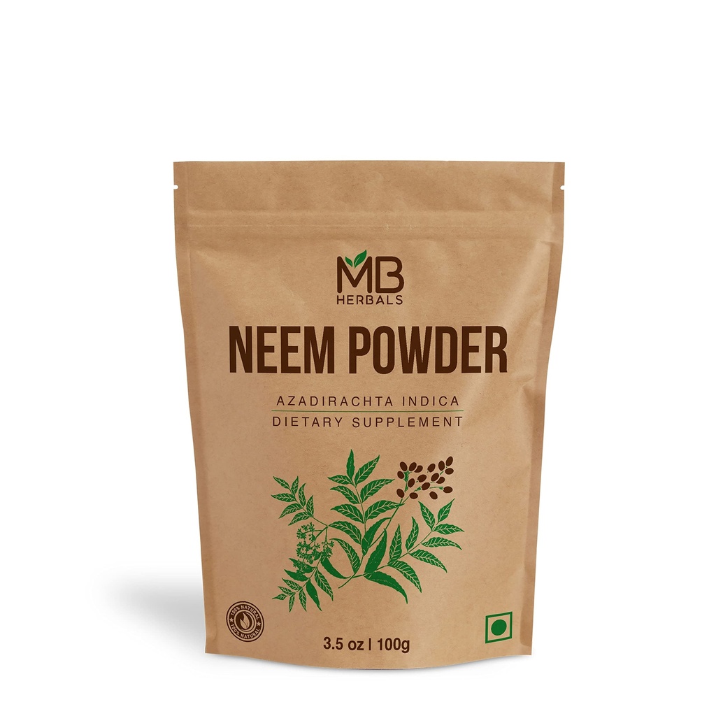 MB Herbals Pure Neem Leaf Powder 100 Gram / 3.5 oz | Azadirachta Indica | Wildcrafted Bitter Neem Supplement Skin and Hair Care