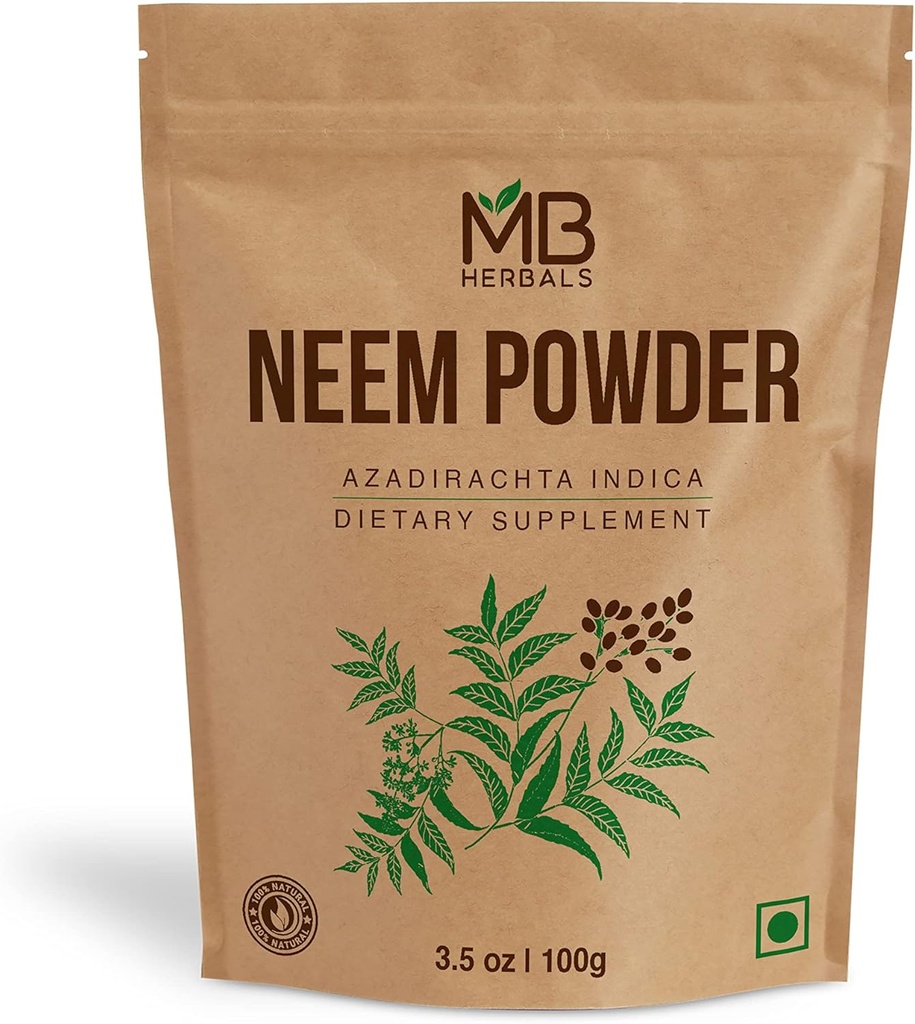 MB Herbals Pure Neem Leaf Toz 100 Gram / 3.5 oz | Azadirachta Indica | Wildcrafted Bitter Neem Supplement Skin and Hair Care