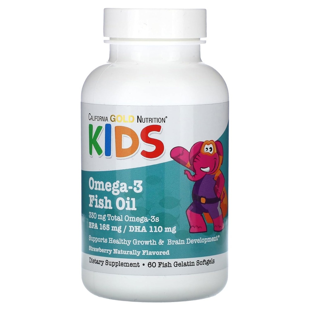 California Gold Nutrition Kid'in Omega-3 Fish Oil, Natural Strawberry, 60 Fish Gelatin Softgels