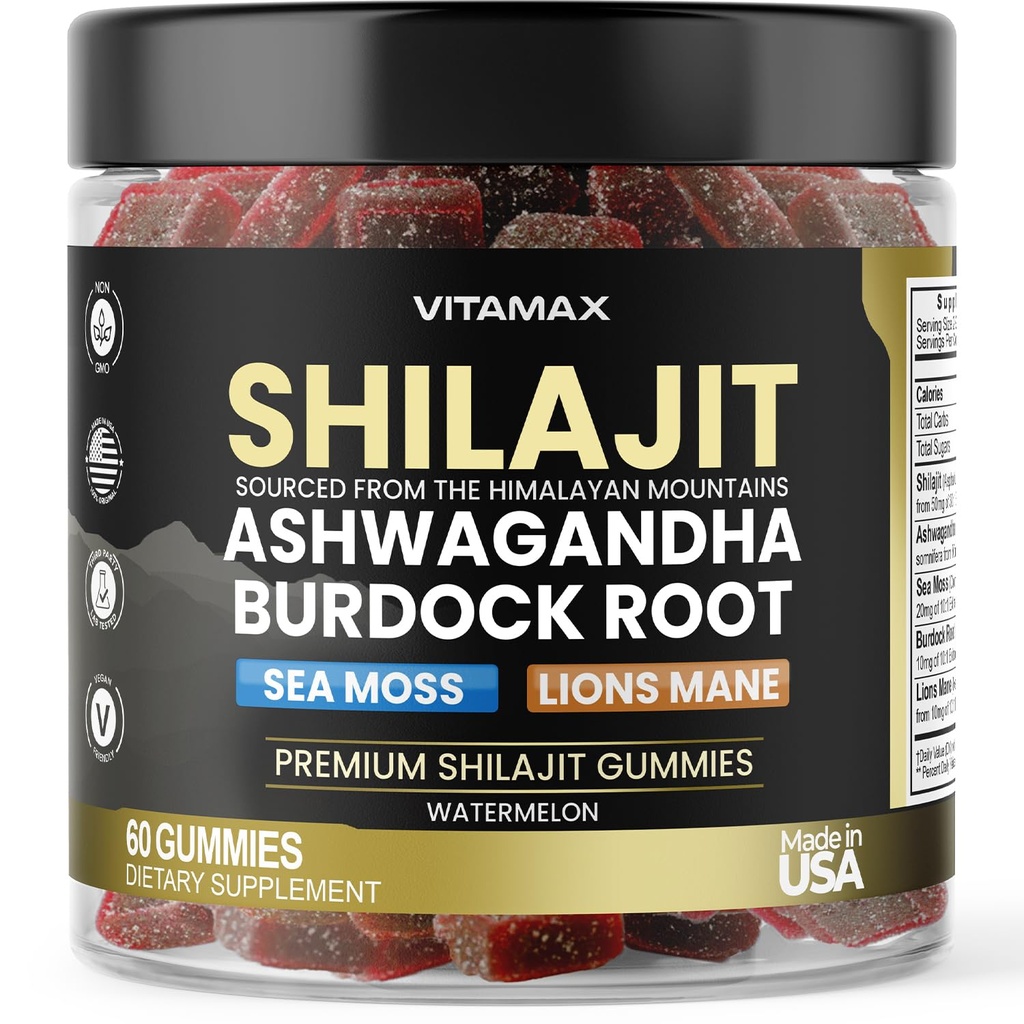 Organik Shilajit Gummies, Sea Moss, Ashwagandha, 105+ Trace Minerals – Organik Burdock Root & Lions Mane Mushroom – Watermelon Flavor – Vegan & Non-GMO – Amerika'da Made in 60ct