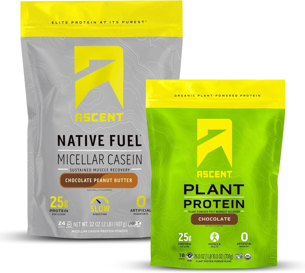 Ascent Casein Protein Powder Chocolate Peanut Butter 2 lb & Plant Protein Powder Chocolate 18 Servings