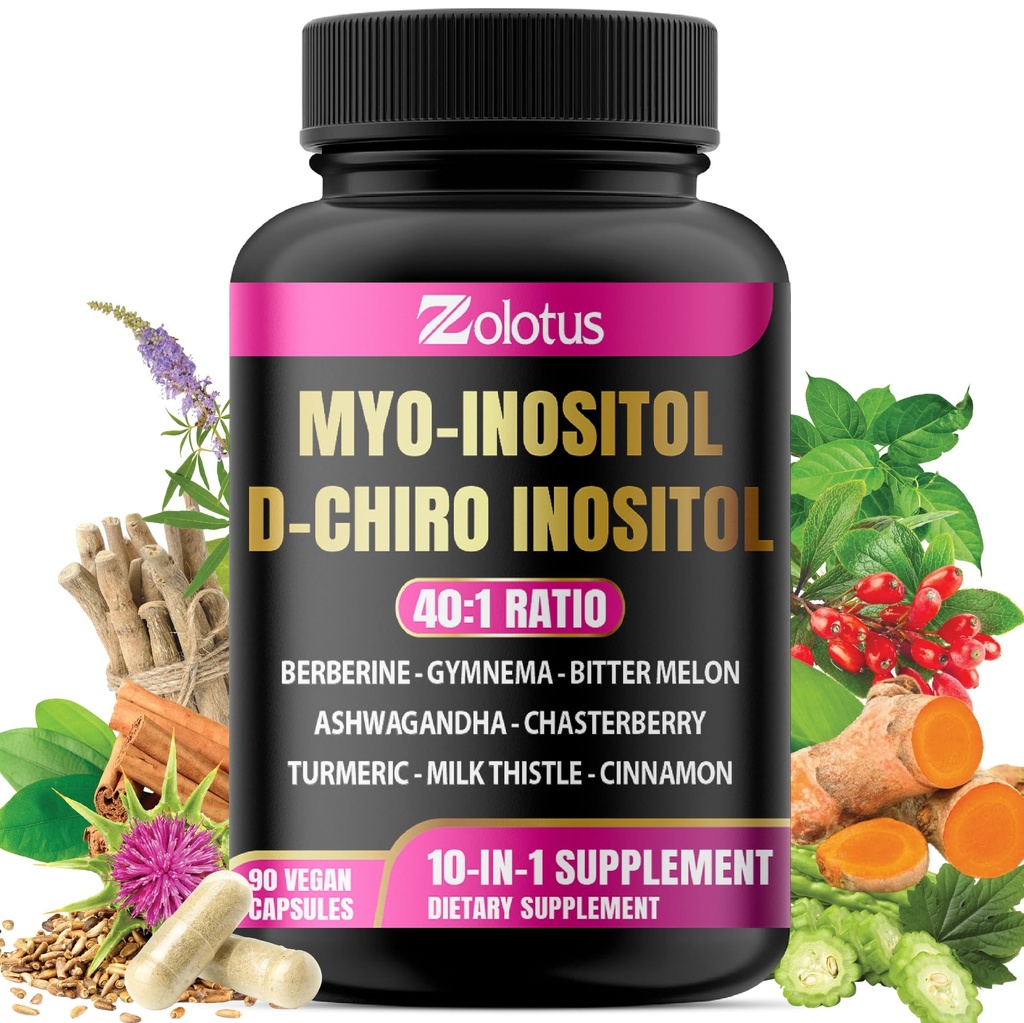 Zolotus Myo-Inositol & D-Chiro Inositol Ιδανικό συμπλήρωμα αναλογίας Ινοσιτόλης με πικρή πεπόνι, κριθάρι γάλακτος, Κουρκουμάς, Gymnema, Chasteberry, Ceylon Cinnamon, Ashwagandha, Berberine - 90 κάψουλες
