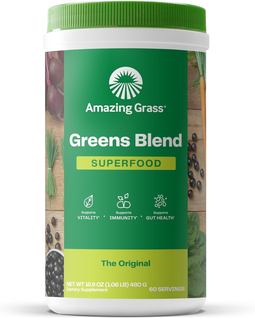 Amazing Grass Greens Blend Superfood: Super Greens Toz Spirulina, Chlorella, Beet Root Toz, Digestive Enzymes, Prebiyotiks & Probiyotiks, Original, 60 Hizmet (Pazarlama Mayıs Vary)