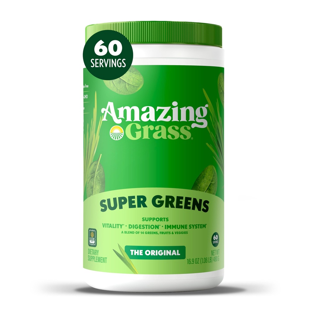 Amazing Grass Super Greens Powder, Organic, Greens Superfood Powder, Smoothie Supplements, Supports Digestion, Probiotics, Spirulina, Beet Root, Original, 60 Servings, 16.9 Ounce (Packaging May Vary)