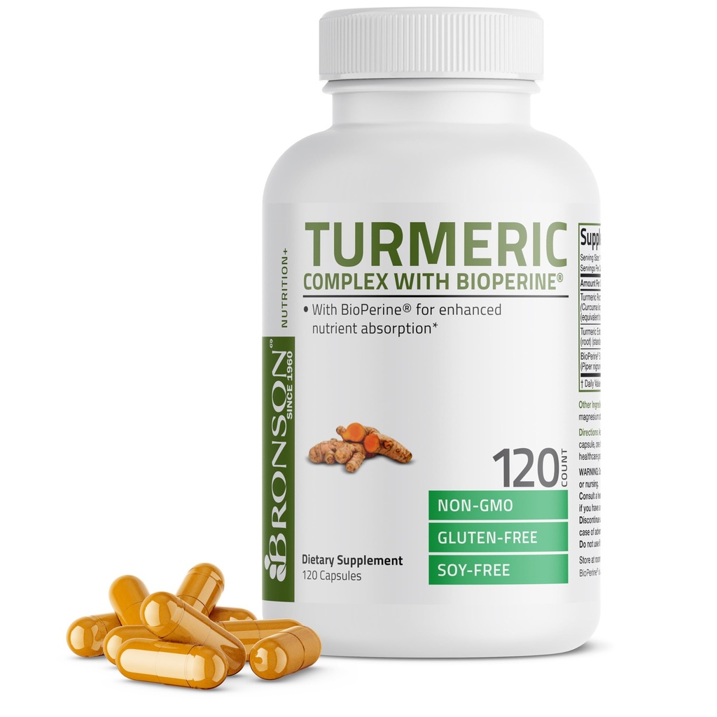 Bronson Turmeric Κουρκουμίνη με BioPerine - Υψηλής ισχύος Premium Κοινή Υποστήριξη με 95% Standardized Κουρκουμινοειδή - Μη ΓΤΟ Κάψουλες με Μαύρο Πιπέρι - 120 Count