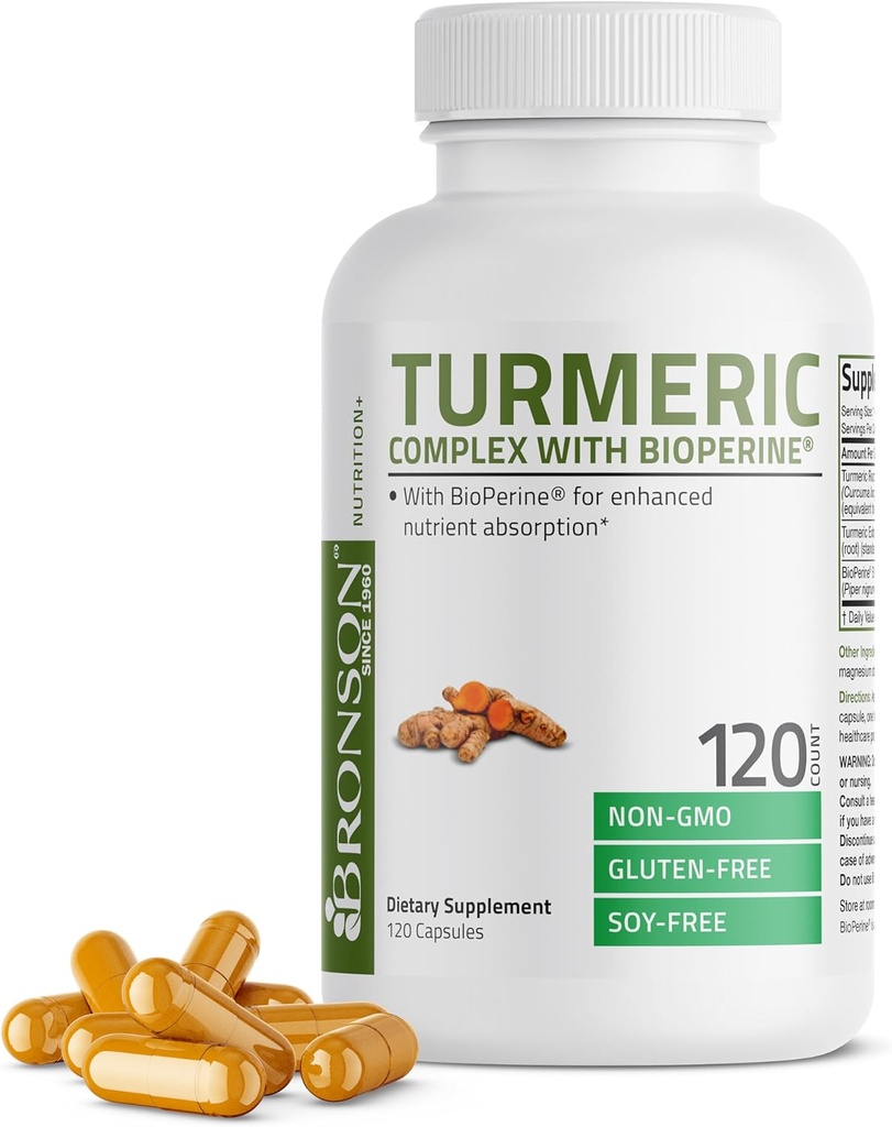 Bronson Turmeric Curcumin ile BioPerine - Yüksek Potency Premium Ortak Destek% 95 Standartize Curcuminoids - Siyah Pepper ile Non-GMO Capsules - 120