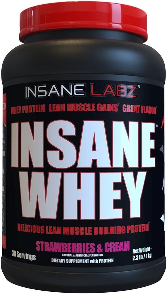 Insane Labz Insane Whey,100% Πρωτεΐνη Ορού Κτιρίου Μυός, BCAA Amino Προφίλ, Μαζική Κεραυνός, Αντικατάσταση γεύματος (Strawberries & Cream, 30 Servings)