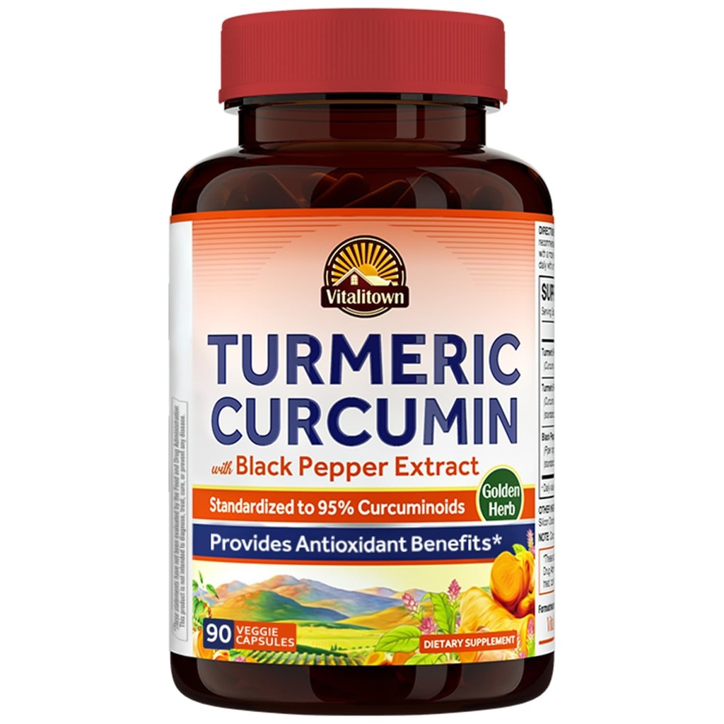Vitalitown Turmeric Curcumin Root + Black Pepper, 1800MG, India Grown,% 95 Standardized Curcuminoids, Ultra Potency, 2000 Abxia, No Lead or Gluten, Vegan Support, 90 ct