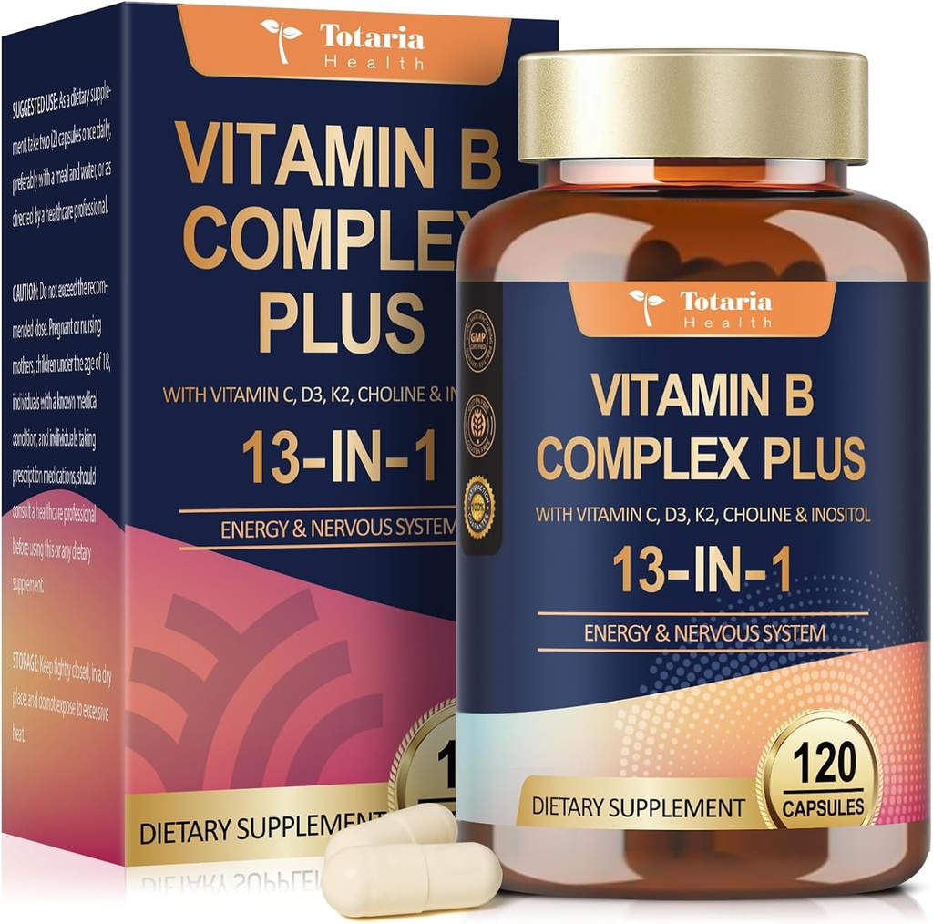 13-in-1 Vitamin B Complex Plus with Vitamin B1, B2, B3 (Niacinamide), B4, B5, B6, B7 (Biotin), B8 (Inositol), B9 (Folate), B12, C, D3, K2 - Energy, Nerve, Immune, Skin Support - 120 Vegan Capsules