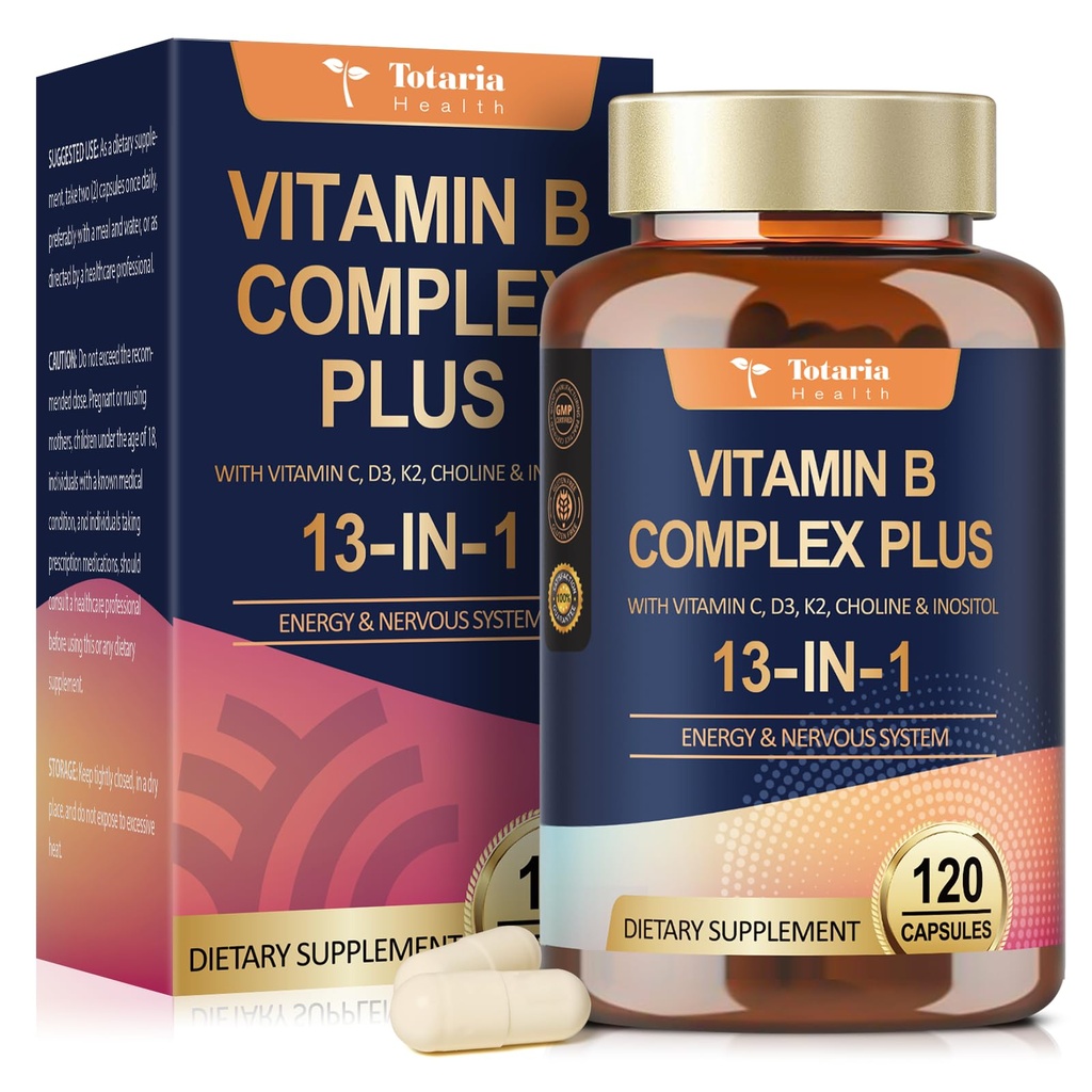 B1, B2, B3 (Niacinamid), B4, B5, B6, B7 (Biotin), B8 (Inositol), B9 (Folate), B12, C, D3, K2 - Enerji, Nerve, Immune, Skin Support - 120 Vegan Capsules