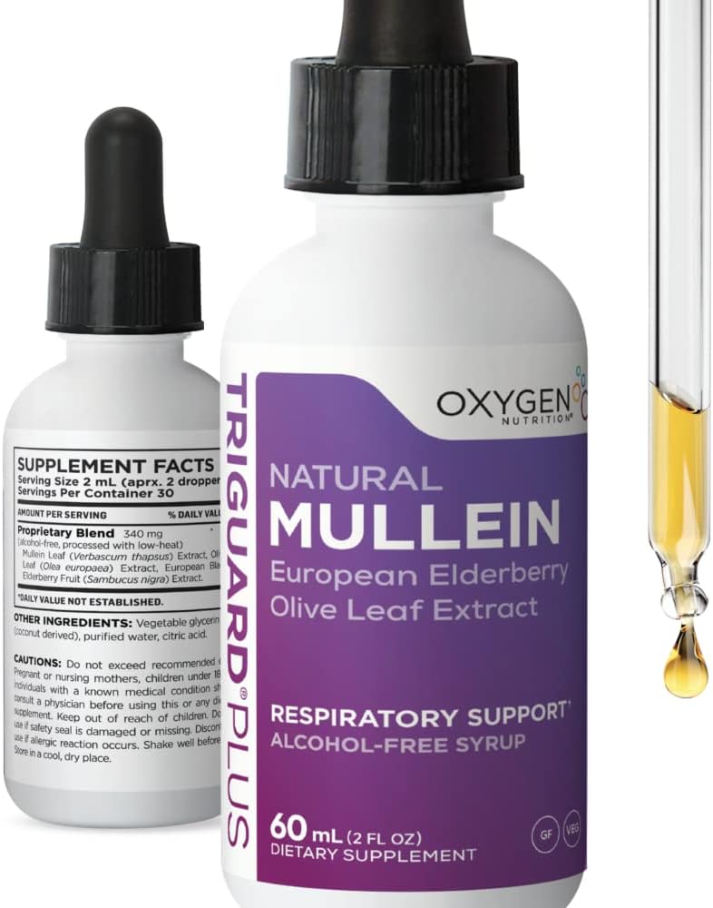 TriGuard MULLEIN Plus - Mullein Leaf Extract, Elderberry Extract & Olive Leaf Extract 2 fl oz | Sağlıklı Respiratory Fonksiyonl & Immune System | Alkol-Free, Non-GMO, Tastes Great, Made in USA