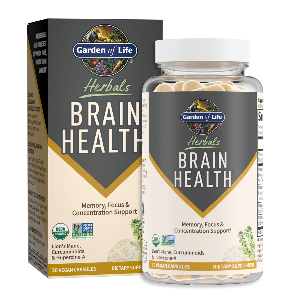 Garden of Life Brain Health Supplement with Organic Lion’s Mane & Turmeric, Non-GMO, Gluten-Free, Mint Flavor - for Memory, Focus & Healthy Brain Function