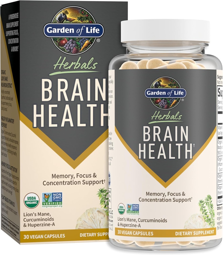 Life Brain Health Supplement with Organic Lion's Mane & Turmeric, Non-GMO, Gluten-Free, Mint Flavor - for Memory, Focus & Health Brain Function