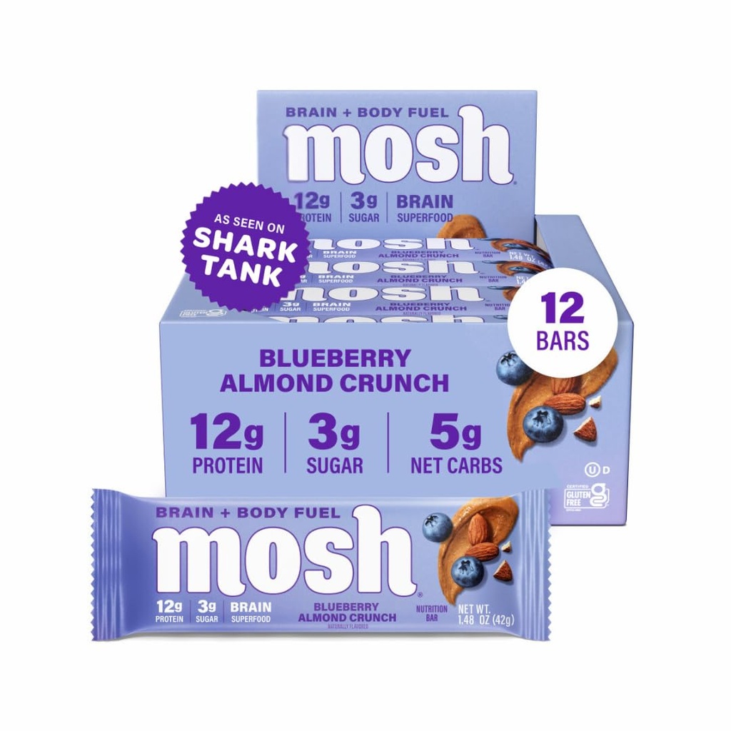 MOSH Blueberry Almond Crunch Keto protein Bars, High Fiber, Low Carb, Gluten Free, Yüksek Protein, Beyin Sağlıklı Snack, 12 Kont