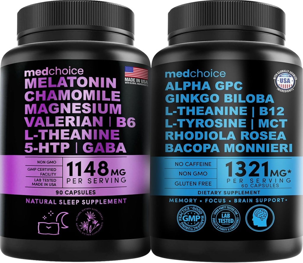 MEDCHOICE Sleep Melatonin (90ct) ve Nootropic Brain (60ct) Supplement - Wellness Duo for Sleep, Brain, Focus, & Mood Support - Vegan, Non-GMO, Gluten-Free-Free