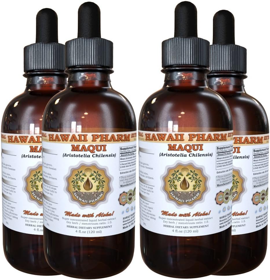 HawaiiPharm Maqui Liquid Extract, Organik Maqui (Aristotelia chilensis) Tincture Supplement 4x4 oz