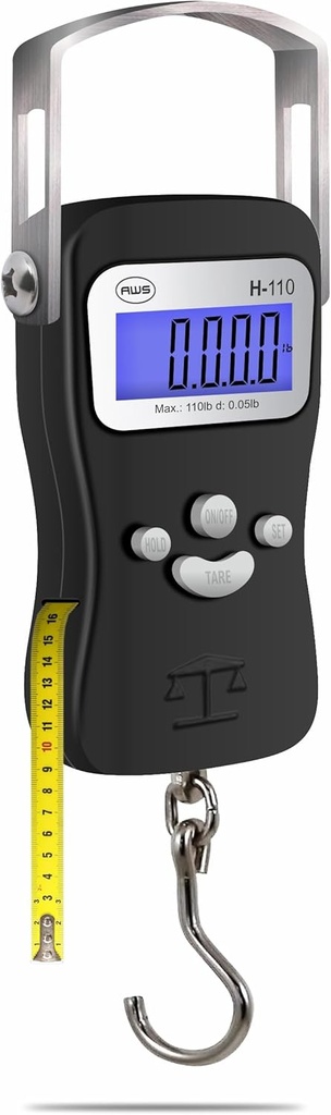 AWS Digital Bagaj Scale, Fish Weighing Scale, Hanging Scale 110lb/50kg – Die-Cast Metal Construction, built-in Tape Measure, Hook & Crime – for Travel, Fishing, Archery, Hunting, Outdoor (Black)