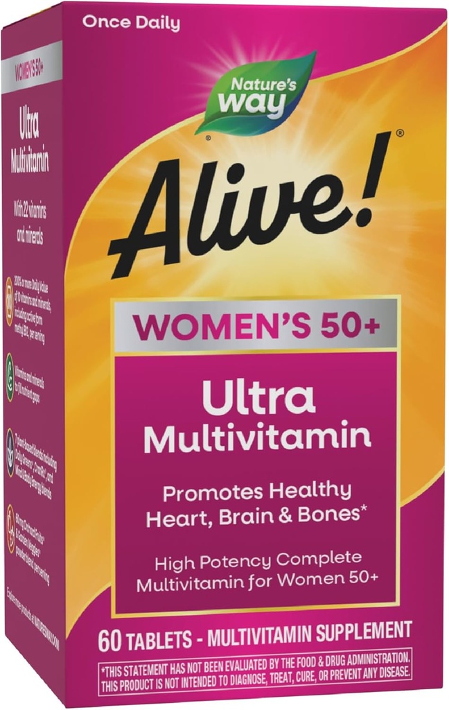 Doğanın Yolu Alive! Kadınlar için 50 Plus, Çokvitamin, Yüksek Potency Formula, Metilated B12, Gluten-Free, 60 Tabletler
