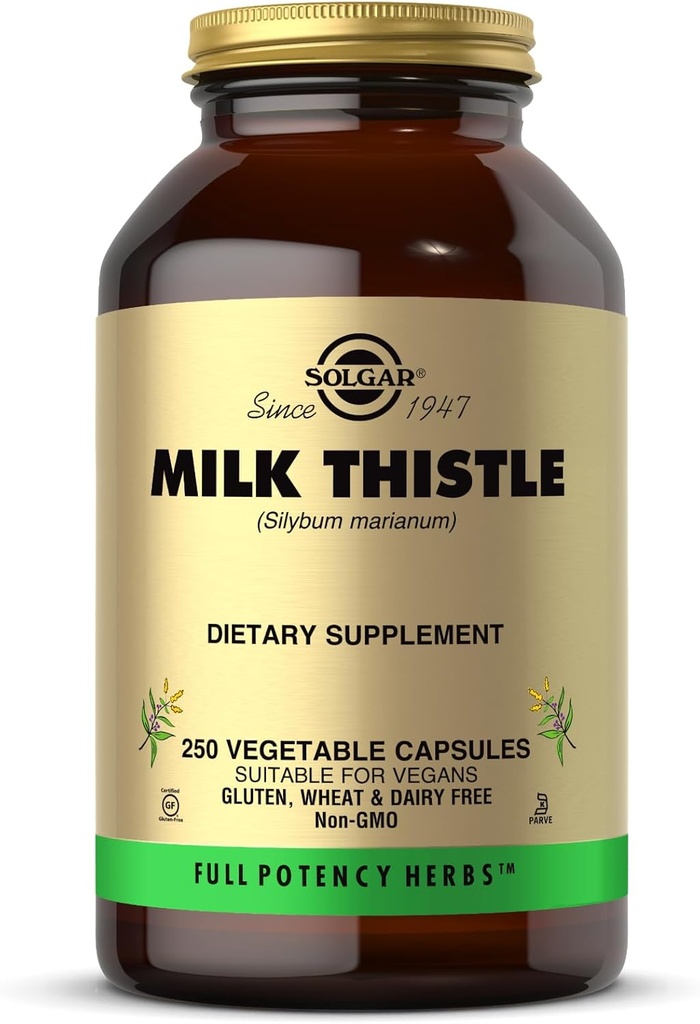 Solgar Milk Thistle - 250 κάψουλες λαχανικών - Πλήρης ισχύς (FP) - Μη ΓΤΟ, Vegan, Χωρίς γλουτένη, Χωρίς γαλακτοκομικά, Kosher - 250 υπηρεσίες
