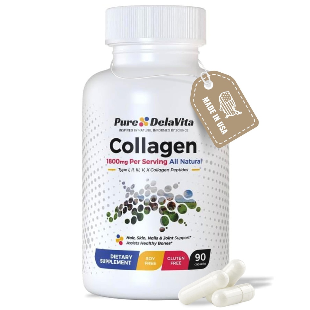 Kadınlar için komple Collagen Capsules - 1800 mg, Tipler I, II, III, V, X Saç, Skin, Nails, Ortaklar ve Bone Health, High Abors, Anti-Aging, Non-GMO, Gluten-Free, 90 Capsules