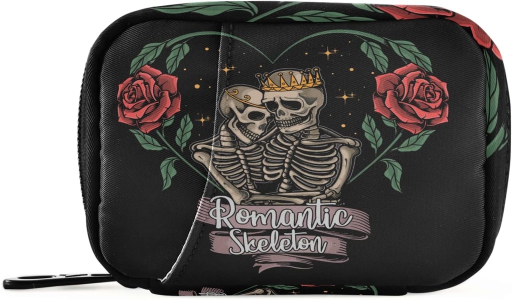 Rose Skeleton Skull in Love Pill Box 7 Day Pill Case Travel Pill Organizer Bag with Zipper Portable Weekly Case Compact Size for Vitamin Supplement Holder