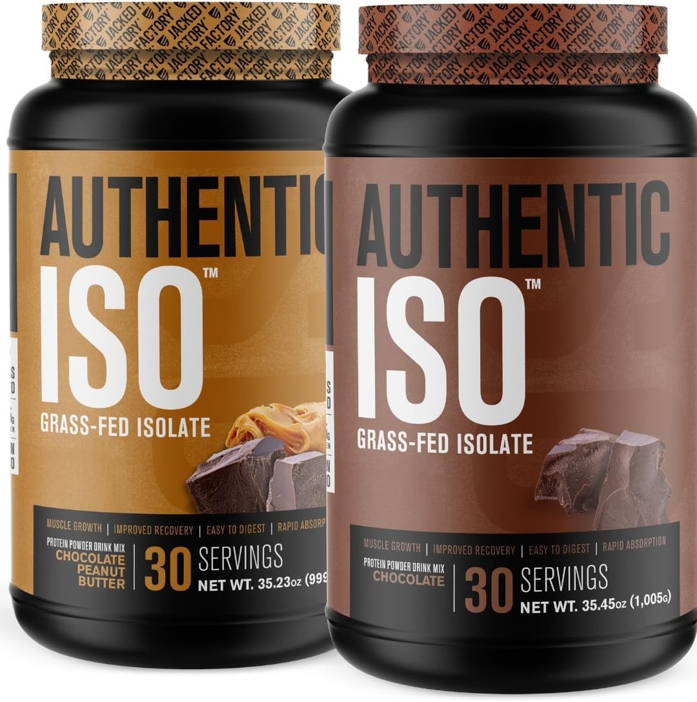 Jacked Factory Authentic ISO Grass Fed Whey Protein Isolate Powder - Low Carb, Non-GMO Muscle Building Protein w/No Fillers (Chocolate Peanut Butter, 30sv) & (Chocolate, 30sv)