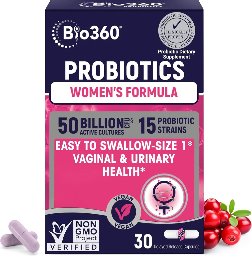 Bio360 Probiotics for Women Vaginigal Health - Supports pH Balance, Vaginal, Urinary, & Digestive Health - 50 Billion CFU & 15 Unique Strains for Healthy Vaginal Odor & Vaginal Flora - Shelf Stable