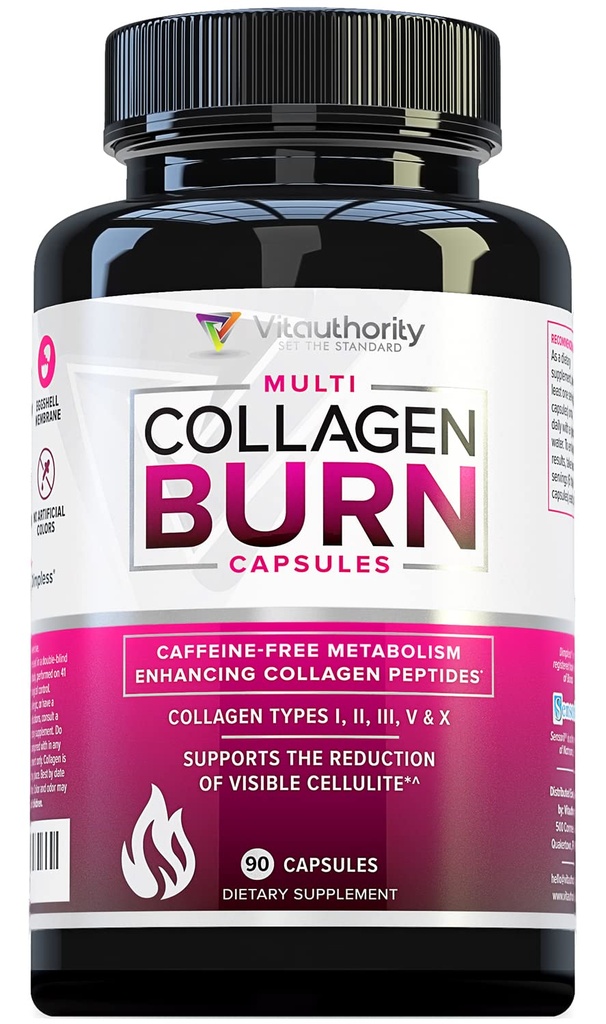 Multi Collagen Burn: Hydrolyzed Protein Peptides Multi-Type με Υαλουρονικό Οξύ, Βιταμίνη C, SOD B λακκάκια, Τύποι I, II, III, V και X, Caffeine-Free (Άγευστες κάψουλες)