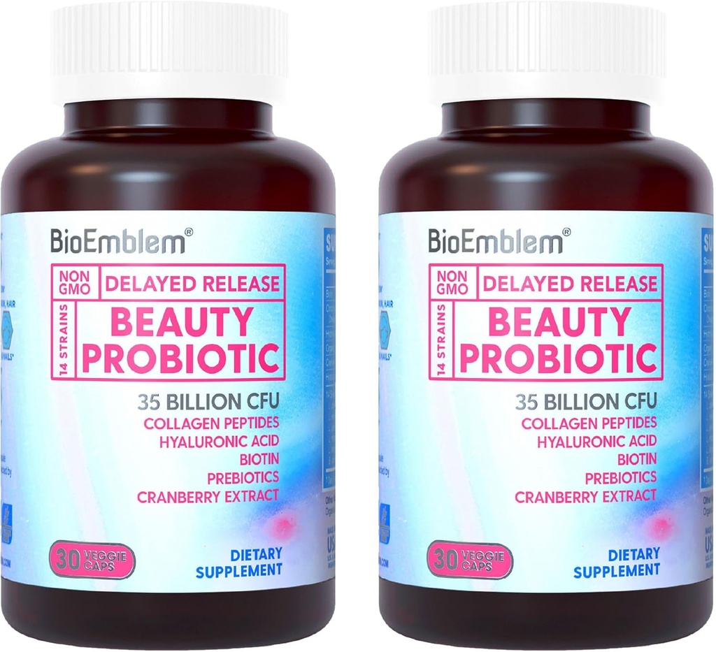 Kadınlar için BioEmblem Güzellik Probiyotikleri, 35 Milyar CFU 14 Strains with Biotin, Collagen, Prebiyotiks for Digestive Health, Hair Skin and Nails, Vaginal Probiyotiks Supplement, Raf Stable, 60 Caps