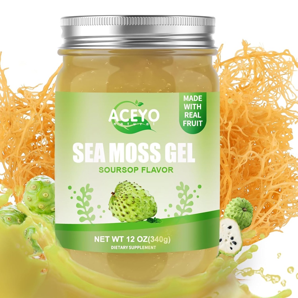 ACEYO (12 OZ) İrlandalı Deniz Moss Gel Organik Raw Vegan Soursop Flavor 102 Vitamin ve Minerals Wild Harvested Non-GMO Immune & Digestion Support Support Support Support