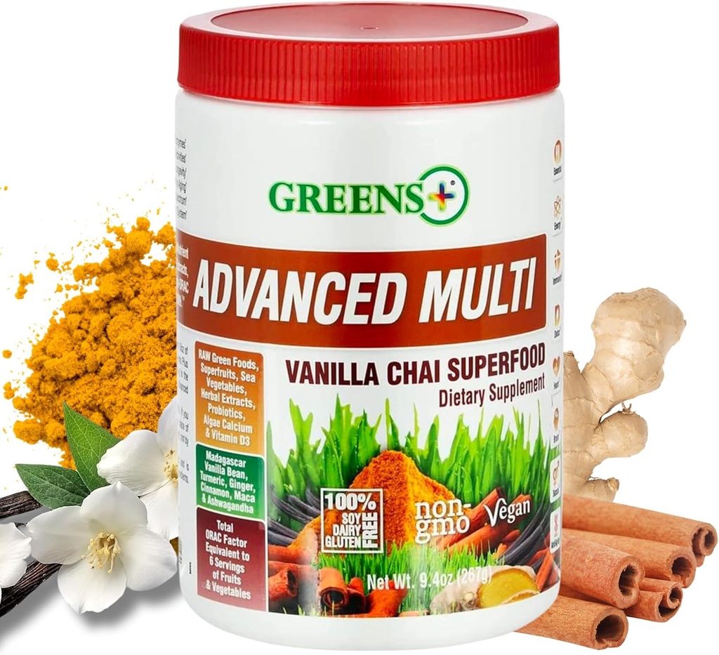 Yeşiller+ Gelişmiş Multi Vanilla Chai Superfood Toz, Sabah Vitality, Beslenme, Vibrant Sağlık, Diyet Tamam, Vitaminler Mineraller, Vegan, Soy/Dairy/Gluten Free(9.4oz)
