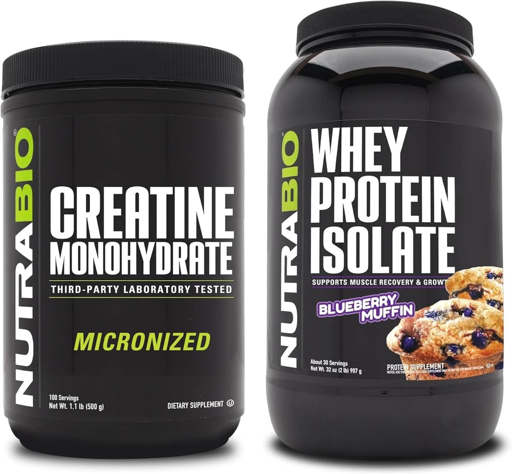 NutraBio Kretine Monohidrat, Unflavored, 500g ve Whey Protein Isolate, Blueberry Muffin, Supplement Sche - Muscle Energy, Lean Muscle growth, Recovery, and Strength