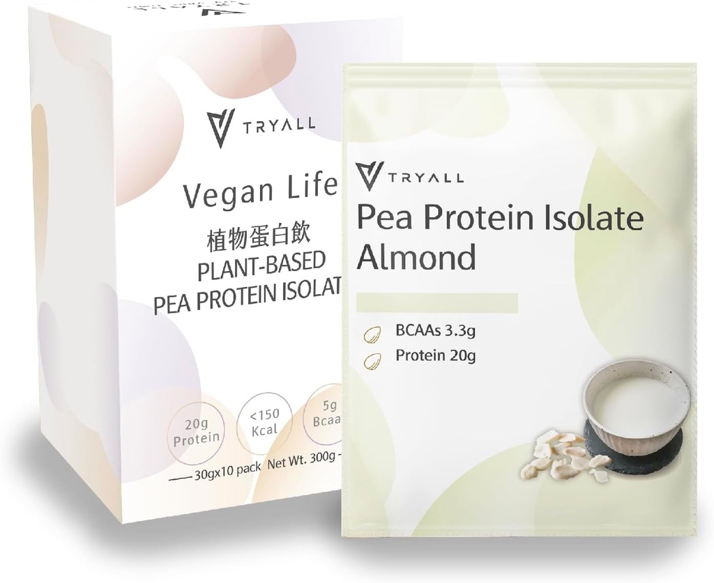 TRYALL Plant Based Pea Protein Powder Isolate (20g Πρωτεΐνης) Ταξιδιώτες φακελίσκοι (Γάλα αμυγδάλου, 10 συσκευασίες)