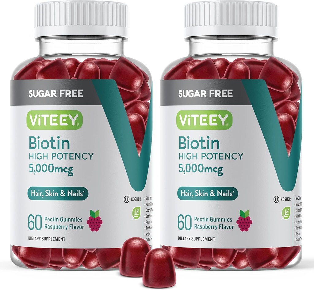 VITEEY Biotin Gummies for Hair, Skin, and Nails 5.000 Live - Sugar Free - Saç Büyüme Gummies, Sağlıklı Skin Glow, Güçlü Sağlıklı Çiçeği Büyüme - Vegan, Gluten Free, Gelatin Free- Chewable Raspberry Flavor
