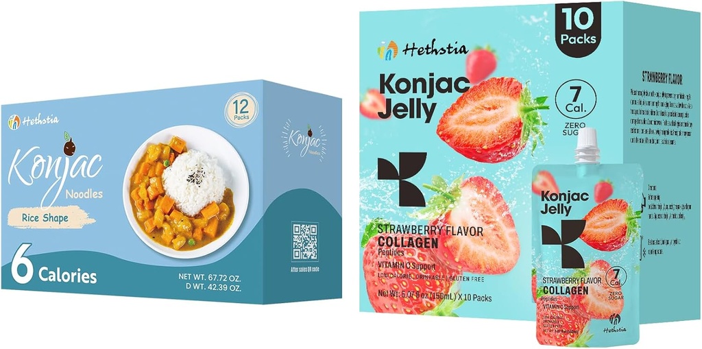 Hethstia Konjac Jelly Strawberry Flavor with Collagen and 10 Packs and Konjac Rice Gluten Free 12 Packs Low Calorie, Keto, Sugar Free, Health Food Food