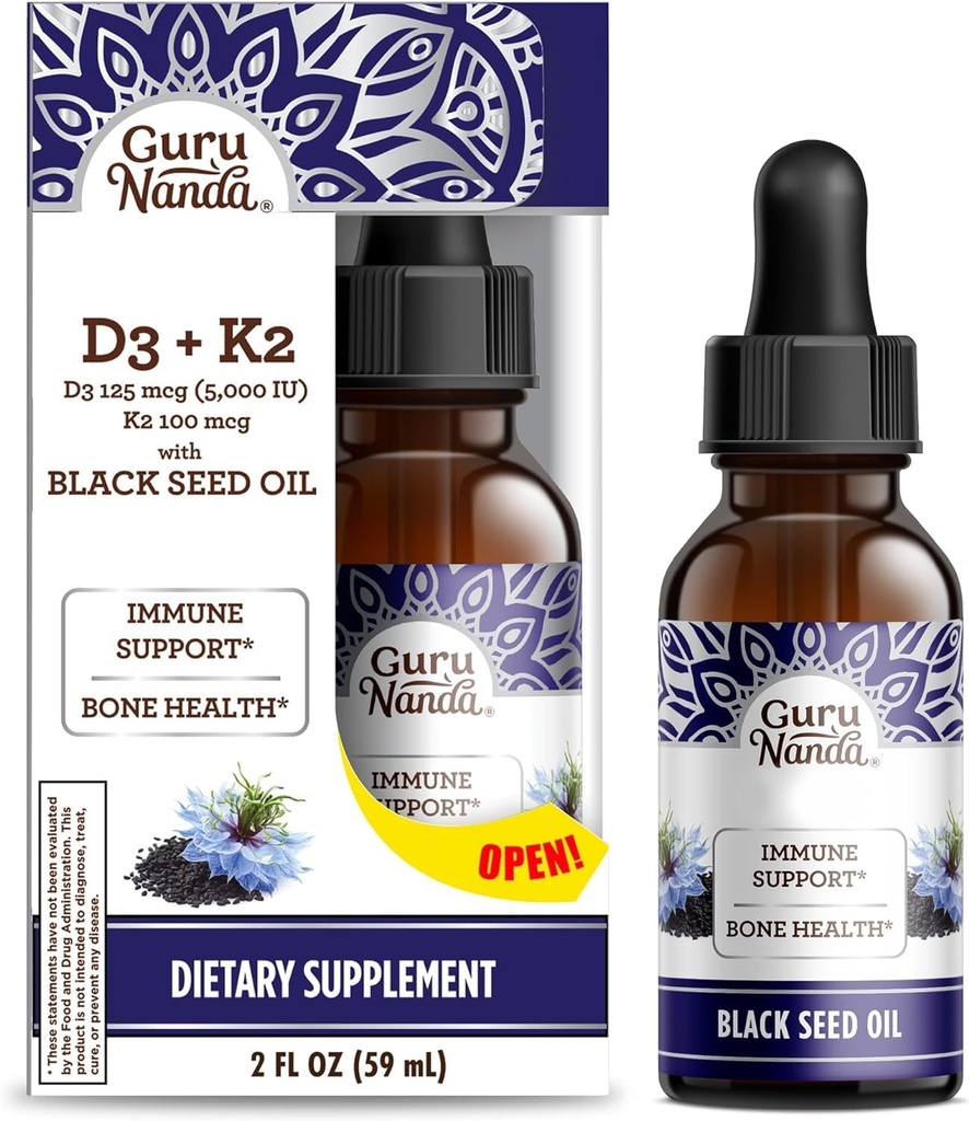 GuruNanda Wellness (1994): Bacopa ile Sıvı Ashwagandha (1 Fl Oz) Focus & Relaxation Support & Black Seed Oil (2 Fl Oz) Vitamin D3, K2 & E for Immune Boosting - Vegan & Non-GMO