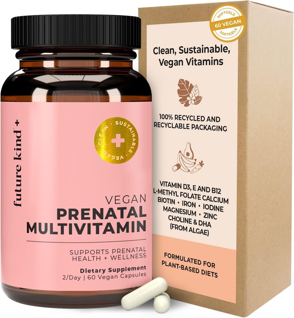 Future Kind Vegan Prenatal Vitamin with DHA & L-Methylfolate in Glass Şişe - D & E, Iron & Biotin - Gluten-Free, Non-GMO (60ct)