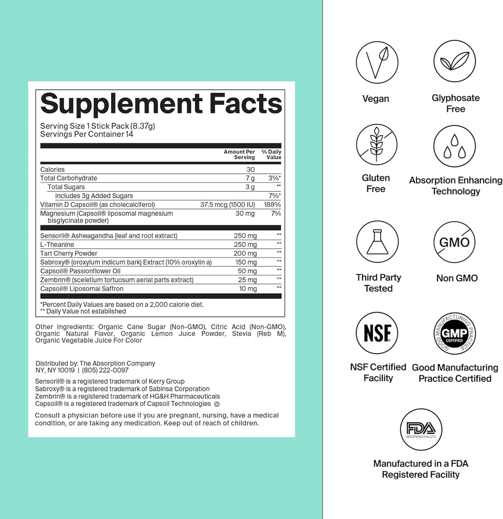 Calm Drink Mix - Relaxation Aid with, Ashwagandha, L-Theanine, & Vitamin D - Erkekler ve Kadınlar için Cortisol Yönetmeliği ve Mood - Watermelon Lemonade Flavor 7 Sticks