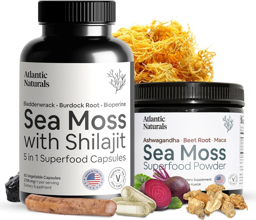 Atlantic Naturals Sea Moss Superfood Sche - Sea Moss ile Shilajit 5-in-1 Capsules & Sea Moss Toz Ashwagandha, Beet Root & Maca Root - Geliştirilmiş Vitality, Skin & Athletic Support 60 ct & 150g